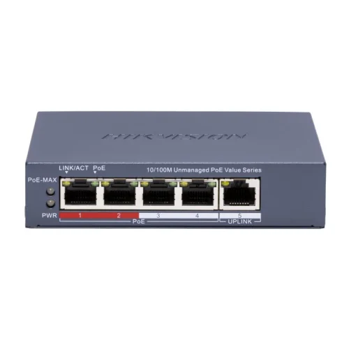 Switch POE 4 porturi Hikvision DS-3E0105P-E/M(C), fara management; 4 × 10/100 Mbps PoE port,1 × 10/100 Mbps RJ45 port, IEEE 802.3af,IEEE 802.3at, PoE power budget 45W, distanta transmisie: 300m; Switch POE 4 porturi Hikvision DS-3E0105P-E/M(C), fara management; 4 × 10/100 Mbps PoE port,1 × 10/100 Mbps RJ45 port, IEEE 802.3af,IEEE 802.3at, PoE power budget 45W, distanta transmisie: 300m;