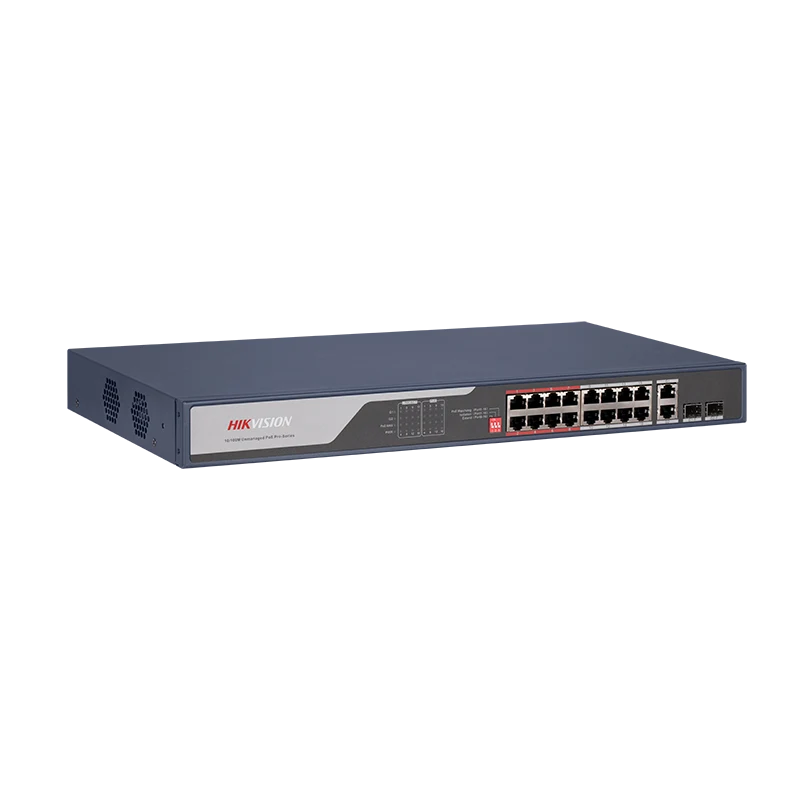 16 Port Fast Ethernet Unmanaged POE Switch Hikvision DS-3E0318P-E(C) Intelligent PoE management. Up to 300 m long range PoE transmission. Port isolation to improve network security. 6 KV surge protection to improve reliability in harsh environment. PoE watchdog to auto-detect and restart cameras
