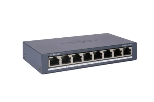 Switch Hikvision DS-3E0508-O: 8 × Gigabit RJ45 port maxim 3W, tensiune alimentare: 5VDC, 0.6A, dimensiuni: 145.00 mm × 25.60 mm × 68.45 mm, greutate: 0.24kg, montare pe birou sau pe perete. Switch Hikvision DS-3E0508-O: 8 × Gigabit RJ45 port maxim 3W, tensiune alimentare: 5VDC, 0.6A, dimensiuni: 145.00 mm × 25.60 mm × 68.45 mm, greutate: 0.24kg, montare pe birou sau pe perete.