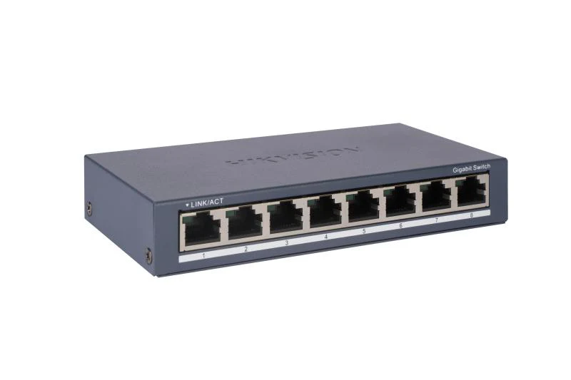 Switch Hikvision DS-3E0508-O: 8 × Gigabit RJ45 port maxim 3W, tensiune alimentare: 5VDC, 0.6A, dimensiuni: 145.00 mm × 25.60 mm × 68.45 mm, greutate: 0.24kg, montare pe birou sau pe perete.