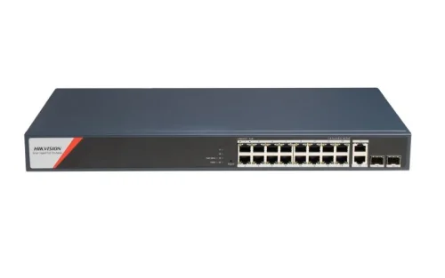 Switch PoE Hikvision DS-3E1520HP-SI-16P2T2F: 16 x 10/100/1000 PoE Ports, 2 × 10/100/1000 Mbps RJ45, 8 porturi PoE maxim 90W, buget PoE 230W, tensiune alimentare: 100-240V~ 50/60Hz 4 A, dimensiuni: 440 mm × 44 mm × 220.8 mm, greutate: 2.73kg, montare pe birou sau in rack.