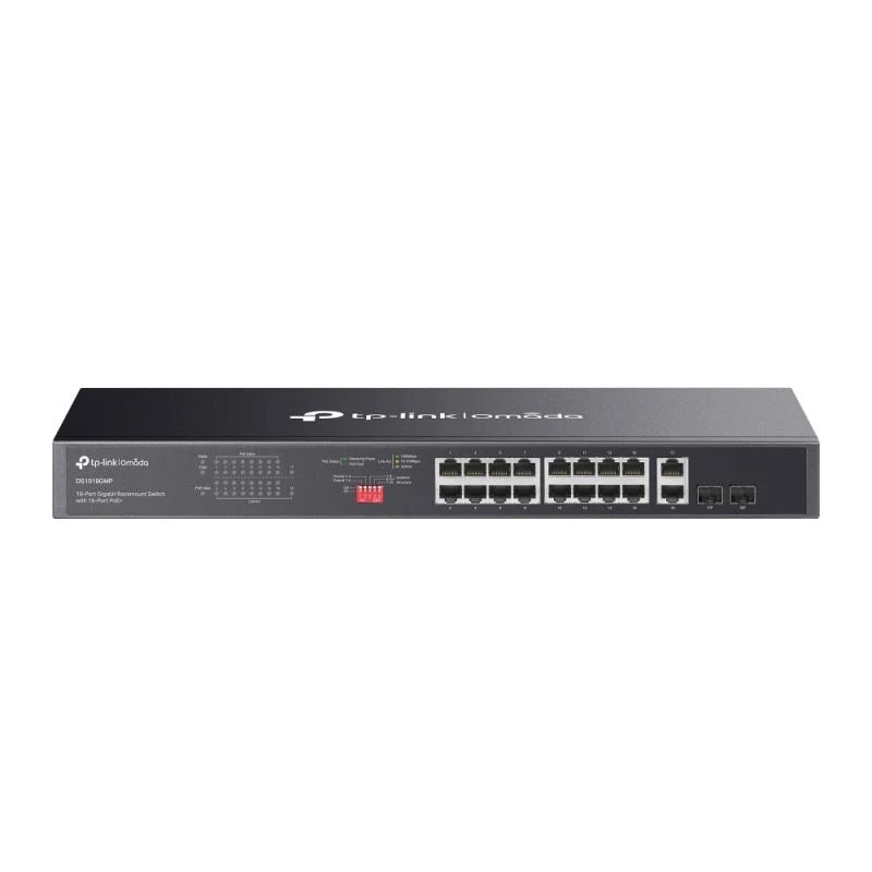 Omada 18-Port Gigabit Rackmount Switch with 16-Port PoE+ PORT: 16× Gigabit PoE+ Ports, 2× Gigabit Non-PoE Ports, 2× Combo Gigabit SFP Slots SPEC: 802.3at/af, 250 W PoE Power, 1U 19-inch Rack-mountable Steel Case FEATURE: Plug and Play