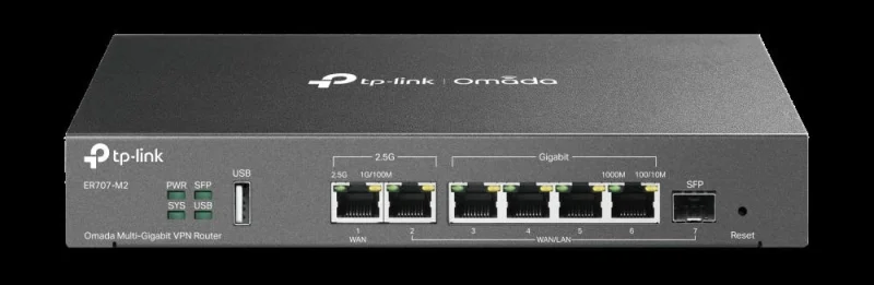 "Omada Multi-Gigabit VPN Router PORT: 1× 2.5G RJ45 WAN Port, 1× 2.5G RJ45 WAN/LAN Port, 1× Gigabit SFP WAN/LAN Port, 4× Gigabit RJ45 WAN/LAN Ports, 1× USB 2.0 port FEATURE: Integration with Omada SDN Controller, Support SSL VPN, OpenVPN and IPsec/ PPTP/ L2TP/ L2TP over IPSec VPN, 500000 Concurrent