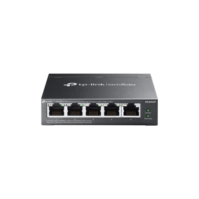 Omada 5-Port Gigabit Easy Managed Switch with 4-Port PoE+ PORT: 4× Gigabit PoE+ Ports, 1× Gigabit Non-PoE Ports SPEC: 802.3at/af, 65 W PoE Power, Desktop Steel Case and Fanless FEATURE: Integration with Omada SDN Controller, Flow Control, Loopback Detection, Port Isolation, Port Mirroring, LAG