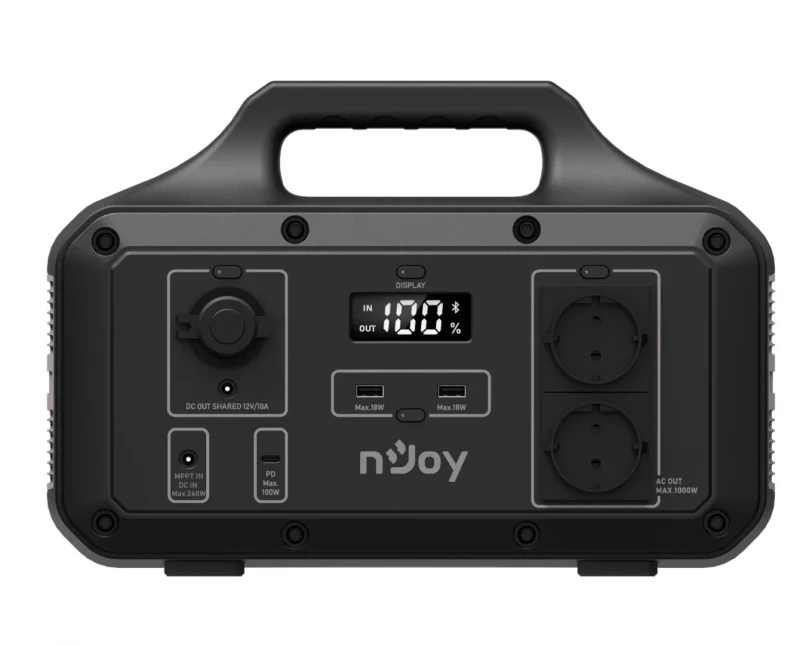 Statie portabila pentru exterior NJOY POWER BASE 1000, adaptor AC (240 W max), panou solar MPPT 12V-32V (240 W max), adaptor auto DC 12V Car (120 W max), 2x USB TYPE A (18 W max), 1x USB TYPE C (100 W max), DC 5525 12V (120 W max), Priza auto 12V (120 W max), 2x AC Schuko 230V (600W max), 1000+