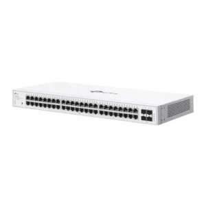 Switch TP-Link cu 48 de porturi, 48× 10/100/1000 Mbps RJ45 Ports (Auto- Negotiation/Auto MDI/MDIX), 4× Gigabit SFP Slots, capacitate switch 104 Gbps, dimensiuni 17.3×8.7×1.7 in (440×220×44 mm)