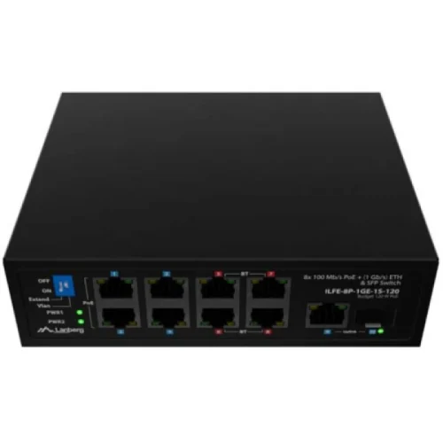 Switch Lanberg ILFE-8P-1GE-1S-120, 1x 1000BASE-T, 1x 1000BASE-X SFP, 4x 100BASE-T 802.3af/802.3at PoE+, 4x 100BASE-T 802.3bt PoE++, maxiumum network link speed 1 Gbps, standarde PoE 802.3at, 802.3af 802.3bt
