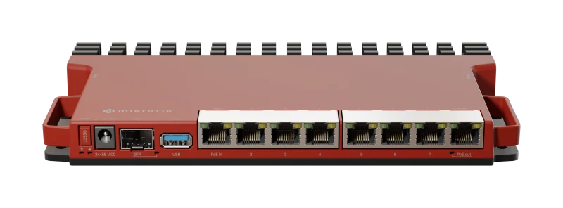 Router wireless Mikrotik L009UIGS-RM, porturi: 8x LAN1x SFP, porturi LAN/WLAN 8x 10/100/1000 Mbps, 1x 10/100/1000/2500 Mbps, procesor Dual- Core IPQ-5018 800 MHz, memorie 512 MB DDR3L, Negru - Rosu