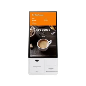 Kiosk interactiv Samsung KM24A, include imprimanta si cititor de cod QR/barcode (display + connection box); nu include POS; se poate instala pe stand optional