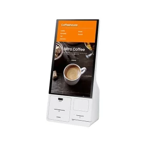 Kiosk interactiv Samsung KM24A, include imprimanta si cititor de cod QR/barcode (display + connection box); nu include POS; se poate instala pe stand optional