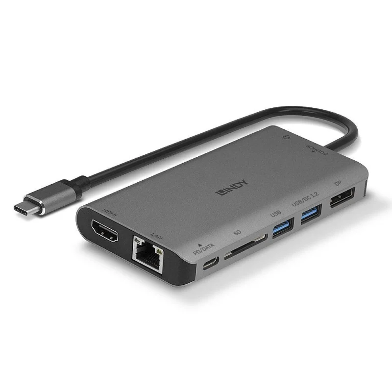 Hub USB Lindy DST-Mini XT, USB-C, 7 porturi, HDMI, RJ-45, Gri
