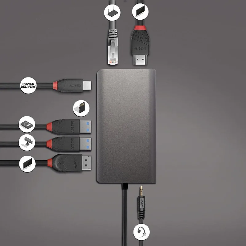 Hub USB Lindy DST-Mini XT, USB-C, 7 porturi, HDMI, RJ-45, Gri