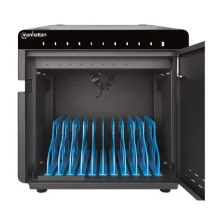 Statie de incarcare Manhattan 715942 pentru tablete si telefoane cu display de pana la 10", suporta pana la 10 dispozitive, tip port USB-C PD, putere totala 180, 18W per port, cu protectie la supratensiune, ventilatie silentioasa, carcasa de metal, negru. Nu contine cablul de alimentare si alte