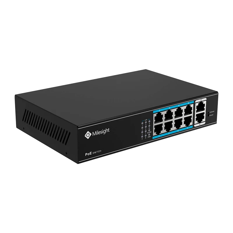 POE Switch Milesight 8 Porturi POE MS-S0208-EL, Porturi: 8 × 10/100 Mbps PoE ports (RJ45),2 × 1000 Mbps uplink ports, Alimentare: Built-in switching power supply AC 100~240 V, 50-60 Hz, 2.2 A; Standard POE: IEEE802.3af/at; Buget POE: max. 120W, max 30W per port, Temperatura de functionare:-20℃~55℃