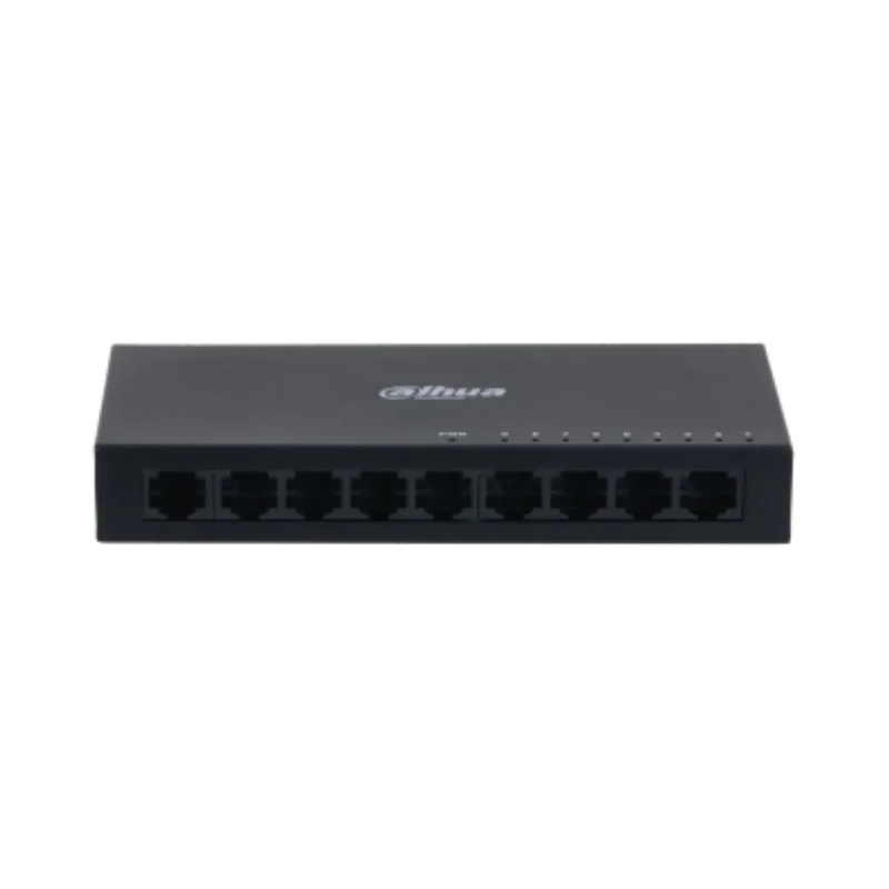 Switch Dahua 9 porturi, unmanaged, Interfata: Port 1-8: 8 × RJ-45 10/100 Mbps, Port 9: 1 × RJ-45 10 M/100 M/1000 Mbps (uplink), Capacitate: 3.6 Gbps, Packet Forwarding Rate: 2.678 Mpps, Greutate: 210g, Dimensiuni: 150 mm × 70 mm × 22.55 mm.