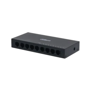 Switch Dahua 9 porturi, unmanaged, Interfata: Port 1-8: 8 × RJ-45 10/100 Mbps, Port 9: 1 × RJ-45 10 M/100 M/1000 Mbps (uplink), Capacitate: 3.6 Gbps, Packet Forwarding Rate: 2.678 Mpps, Greutate: 210g, Dimensiuni: 150 mm × 70 mm × 22.55 mm.