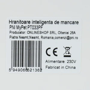 Hranitoare inteligenta de mancare PNI MyPet PT033PF pentru animale de casa, WiFi, 3 litri, programabil din aplicatia dedicata Tuya Smart, integrare in scenarii si automatizari smart cu alte produse compatibile Tuya, Dimensiuni: 205 x 205 x 430 mm, Greutate: 2.200 g, Volum: 3l, Alimentare: DC 5V 1A Hranitoare inteligenta de mancare PNI MyPet PT033PF pentru animale de casa, WiFi, 3 litri, programabil din aplicatia dedicata Tuya Smart, integrare in scenarii si automatizari smart cu alte produse compatibile Tuya, Dimensiuni: 205 x 205 x 430 mm, Greutate: 2.200 g, Volum: 3l, Alimentare: DC 5V 1A
