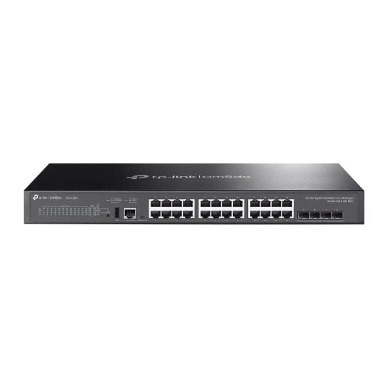Omada 24-Port Gigabit Stackable Lite L3 Managed Switch with 4 10G Slots PORT: 24× Gigabit RJ45 Ports, 4× 10G SFP+ Slots, RJ45/USB Type C Console Port, 1× USB2.0 Port SPEC: 1U 19-inch Rack-mountable Steel Case FEATURE: Centralized Managed by Omada SDN Controller, Stacking, RIP, OSPF, Static Routing