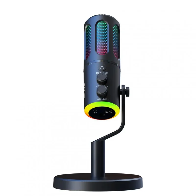 Microfon Gaming de birou Serioux SU8, condenser, unidirectional, frecventa raspuns 20-20KHz, sensibilitate maxima -11DBFS la 80 dB SPL, rata de esantionare 48KHz, rata de biti 16/24bit, raport semnal zgomot 75dB, interfata 3.5mm si USB-C, putere intrare 5V, 200mA, greutate 325g, iluminare RGB