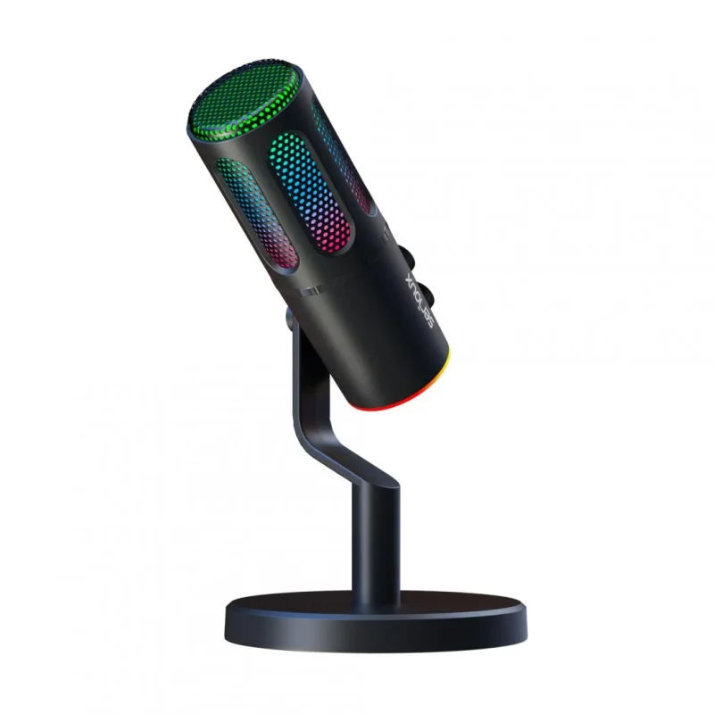 Microfon Gaming de birou Serioux SU8, condenser, unidirectional, frecventa raspuns 20-20KHz, sensibilitate maxima -11DBFS la 80 dB SPL, rata de esantionare 48KHz, rata de biti 16/24bit, raport semnal zgomot 75dB, interfata 3.5mm si USB-C, putere intrare 5V, 200mA, greutate 325g, iluminare RGB