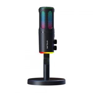 Microfon Gaming de birou Serioux SU8, condenser, unidirectional, frecventa raspuns 20-20KHz, sensibilitate maxima -11DBFS la 80 dB SPL, rata de esantionare 48KHz, rata de biti 16/24bit, raport semnal zgomot 75dB, interfata 3.5mm si USB-C, putere intrare 5V, 200mA, greutate 325g, iluminare RGB