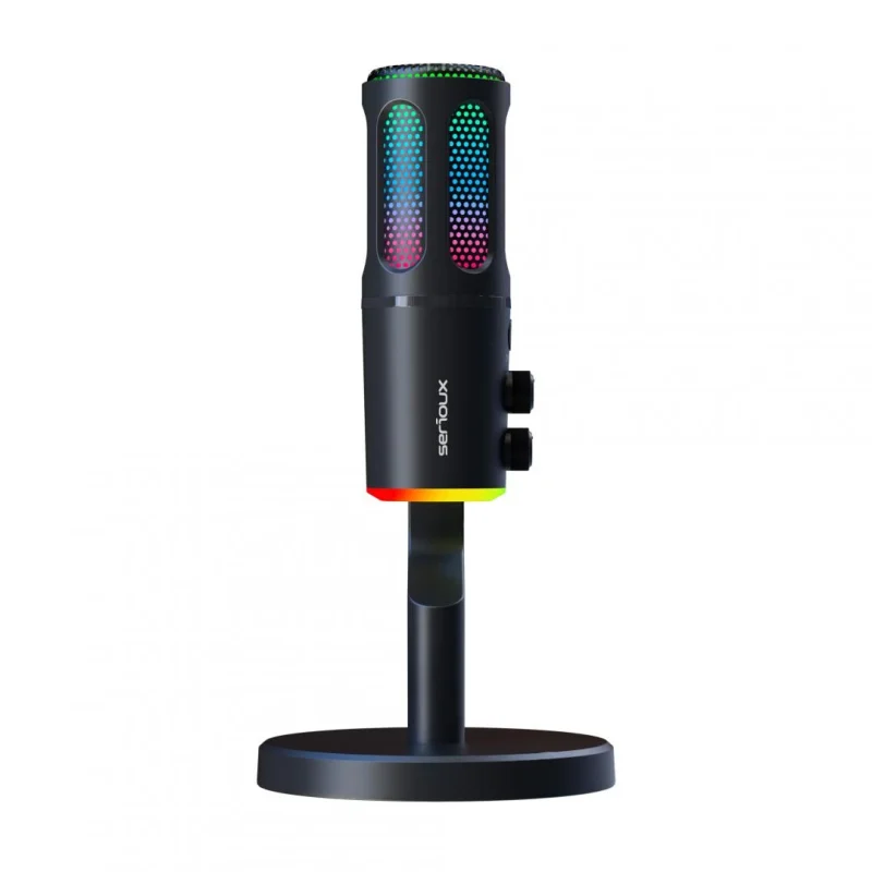 Microfon Gaming de birou Serioux SU8, condenser, unidirectional, frecventa raspuns 20-20KHz, sensibilitate maxima -11DBFS la 80 dB SPL, rata de esantionare 48KHz, rata de biti 16/24bit, raport semnal zgomot 75dB, interfata 3.5mm si USB-C, putere intrare 5V, 200mA, greutate 325g, iluminare RGB