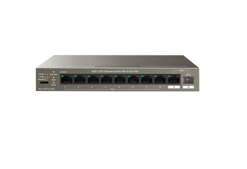 Tenda switch TEG1110PF-8-102W, 9GE+1SFP Ethernet Switch, 8-Port PoE, interfata: 8 * 10/100/1000 Mbps Base-T Ethernet ports (Data/Power), 1 * 10/100/1000 Mbps Base-T Ethernet port (Data), 1 * 100/1000 Mbps Base-X SFP port, standarde retea: IEEE 802.3 IEEE 802.3u, IEEE 802.3ab, IEEE 802.3x, IEEE