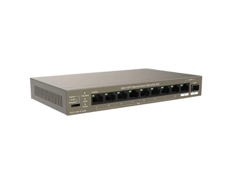 Tenda switch TEG1110PF-8-102W, 9GE+1SFP Ethernet Switch, 8-Port PoE, interfata: 8 * 10/100/1000 Mbps Base-T Ethernet ports (Data/Power), 1 * 10/100/1000 Mbps Base-T Ethernet port (Data), 1 * 100/1000 Mbps Base-X SFP port, standarde retea: IEEE 802.3 IEEE 802.3u, IEEE 802.3ab, IEEE 802.3x, IEEE