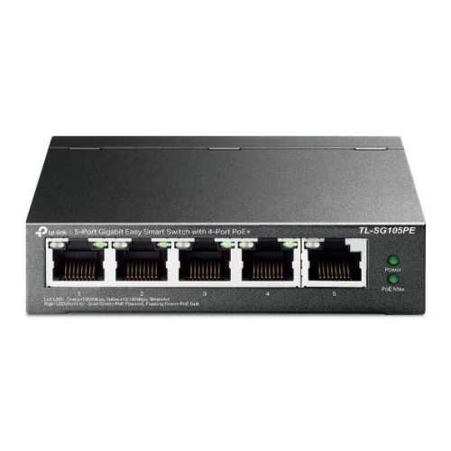 "5-Port Gigabit Easy Smart Switch with 4-Port PoE+ PORT: 4× Gigabit PoE+ Ports, 1× Gigabit Non-PoE Ports SPEC: 802.3at/af, 65 W PoE Power, Desktop Steel Case FEATURE: PoE Auto Recovery, MTU/Port/Tag-based VLAN, QoS, IGMP Snooping, Web/Utility Management, Plug and Play"