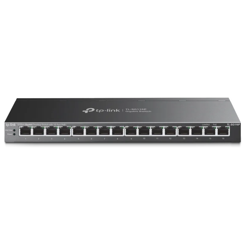 "16-Port Gigabit Desktop Switch with 16-Port PoE+ PORT: 16× Gigabit PoE+ Ports SPEC: 802.3at/af, 120 W PoE Power, Desktop Steel Case FEATURE: Extend Mode for 250m PoE Transmitting, Priority Mode for Port1-4, Isolation Mode, PoE Auto Recovery, Plug and Play"
