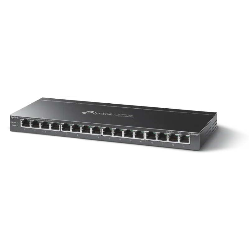 "16-Port Gigabit Desktop Switch with 16-Port PoE+ PORT: 16× Gigabit PoE+ Ports SPEC: 802.3at/af, 120 W PoE Power, Desktop Steel Case FEATURE: Extend Mode for 250m PoE Transmitting, Priority Mode for Port1-4, Isolation Mode, PoE Auto Recovery, Plug and Play"