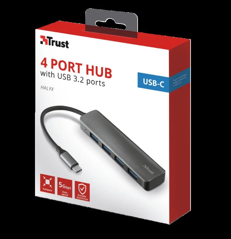 Hub USB Trust Halyx, USB-A, 4 porturi, Negru