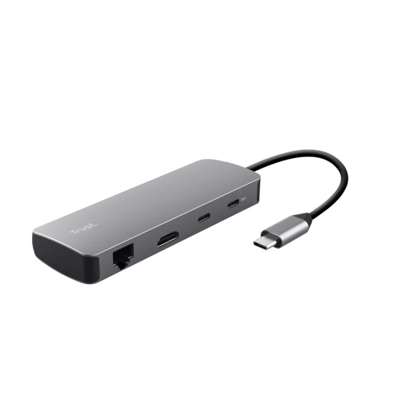 Hub USB Trust Dalyx 8 in 1, USB-C, 8 porturi, HDMI, RJ-45, Gri Hub USB Trust Dalyx 8 in 1, USB-C, 8 porturi, HDMI, RJ-45, Gri