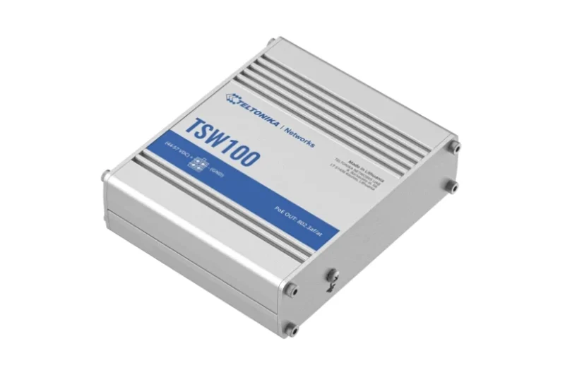 TELTONIKA INDUSTRIAL 5PORT Unmanaged POE+ Switch TSW100, Interfata: 5 x ETH ports, 10/100/1000 Mbps, supports auto MDI/MDIX crossover, Standarde retea: 802.3i, 802.3u, 802.3ab, 802.3x, 802.3az, 802.3ad, Porturi POE:1-4, POE Budget: 120W, Latime de banda: 10 Gbps, Carcasa aluminiu: Dimensiuni: 115 x