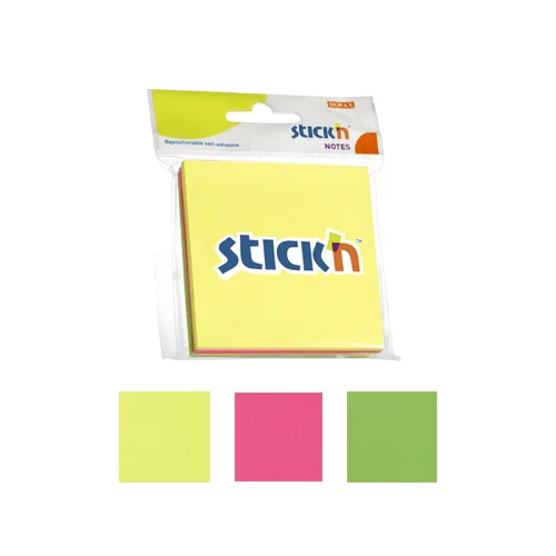 Notes autoadeziv 76 x 76 mm, 3 x 50 file/set, Stick'n - 3 culori fosforescente