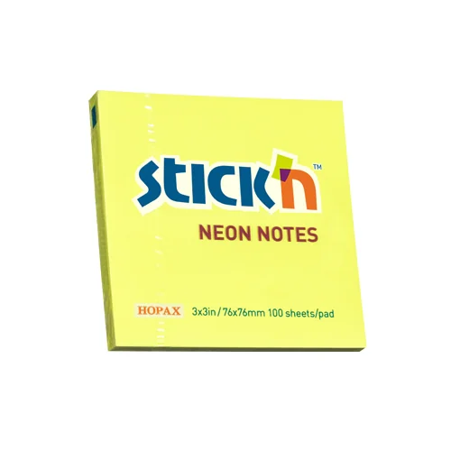 Notes autoadeziv 76 x 76 mm, 100 file, Stick'n - galben neon