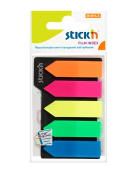 Stick index plastic transparent color 42 x 12 mm, 5 x 25 file/set, Stick'n - 5 culori neon - sageata