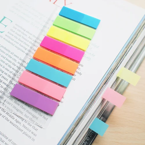 Stick index plastic transp. color 45 x 12 mm, 8 x 25 file/set + rigla, Stick'n - 8 culori neon