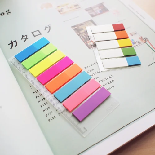Stick index plastic transp. color 45 x 12 mm, 8 x 25 file/set + rigla, Stick'n - 8 culori neon