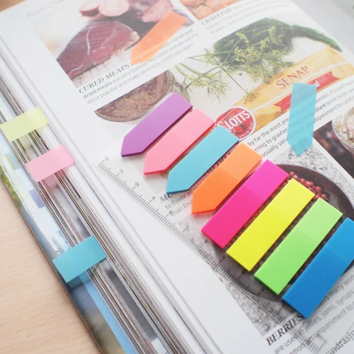 Stick index plastic transp. color 45 x 12 mm, 8 x 25 file/set + index sageata, Stick'n-8 culori neon Stick index plastic transp. color 45 x 12 mm, 8 x 25 file/set + index sageata, Stick'n-8 culori neon
