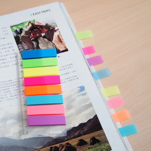 Stick index plastic transp. color 45 x 12 mm, 8 x 25 file/set + index sageata, Stick'n-8 culori neon Stick index plastic transp. color 45 x 12 mm, 8 x 25 file/set + index sageata, Stick'n-8 culori neon
