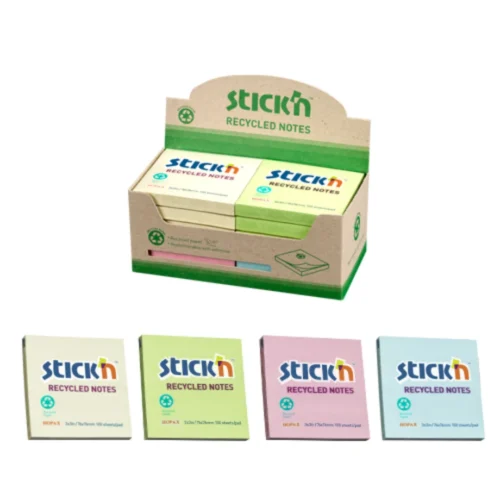 Notes autoadeziv 76 x 76 mm, hartie reciclata, 100 file, 12 buc/cutie, Stick'n – galben pastel