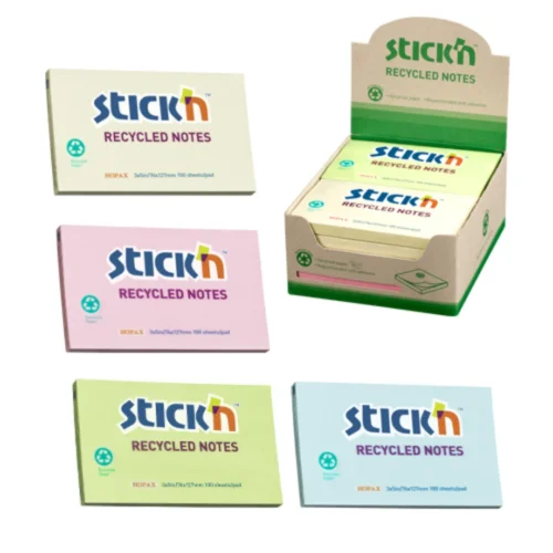 Notes autoadeziv 76 x 127 mm, hartie reciclata, 100 file, 12 buc/cutie, Stick'n – 4 culori pastel