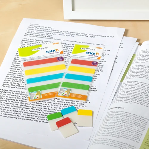 Stick index plastic transp. cu margine color 38 x 25 mm, 4 x 20 file/set, Stick'n - 4 culori neon