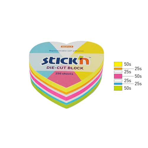 Notes autoadeziv Die-Cut - inima, 64 x 67 mm, 250 file, Stick'n - 5 culori fluorescente