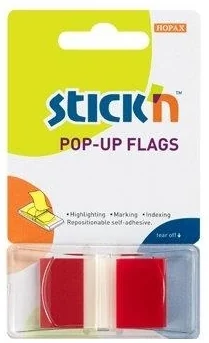 Film index autoadeziv 45 x 25mm, 50 file/set, cu dispenser, Stick'n Pop-up - transparent/rosu
