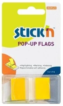 Film index autoadeziv 45 x 25mm, 50 file/set, cu dispenser, Stick'n Pop-up - transparent/galben