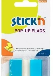 Film index autoadeziv 45 x 25mm, 50 file/set, cu dispenser, Stick'n Pop-up - transparent/albastru
