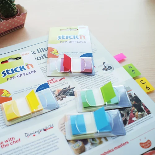 Film index autoadeziv 45 x 25mm, 50 file/set, cu dispenser, Stick'n Pop-up - transparent/albastru