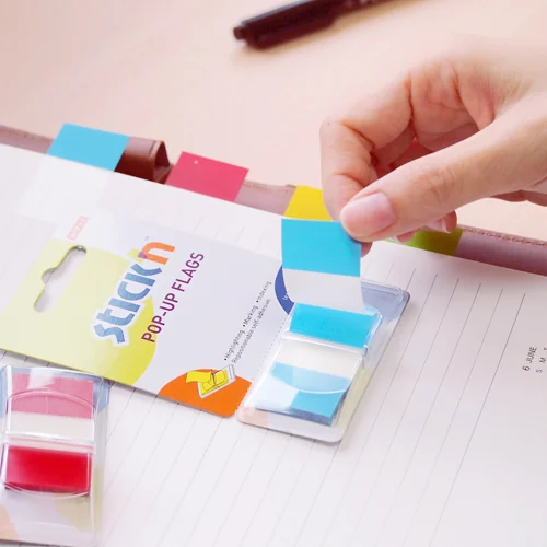 Film index autoadeziv 45 x 25mm, 50 file/set, cu dispenser, Stick'n Pop-up - transparent/albastru